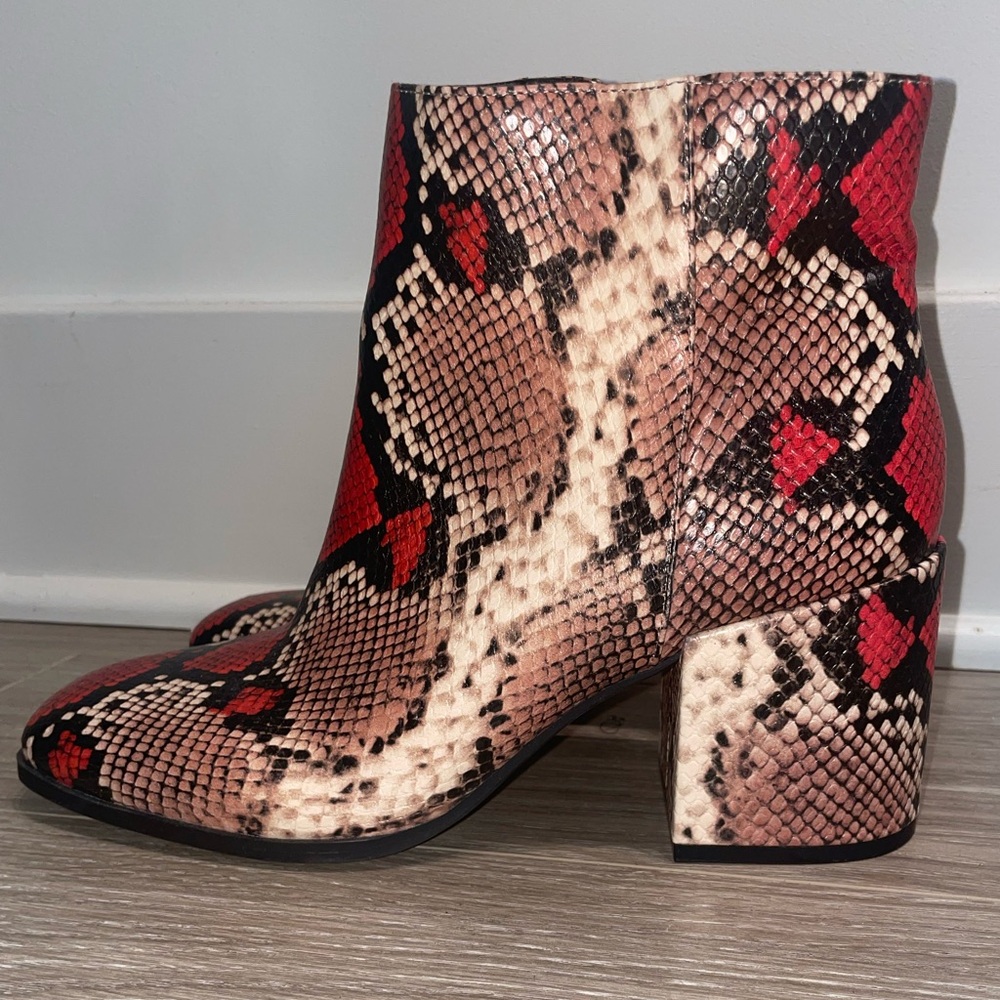 red & tan faux leather snakeskin ankle boots